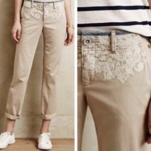 Pilcro And The Letterpress Anthro Embroidered Khaki Chino Hyphen Pants Sz 28 EUC